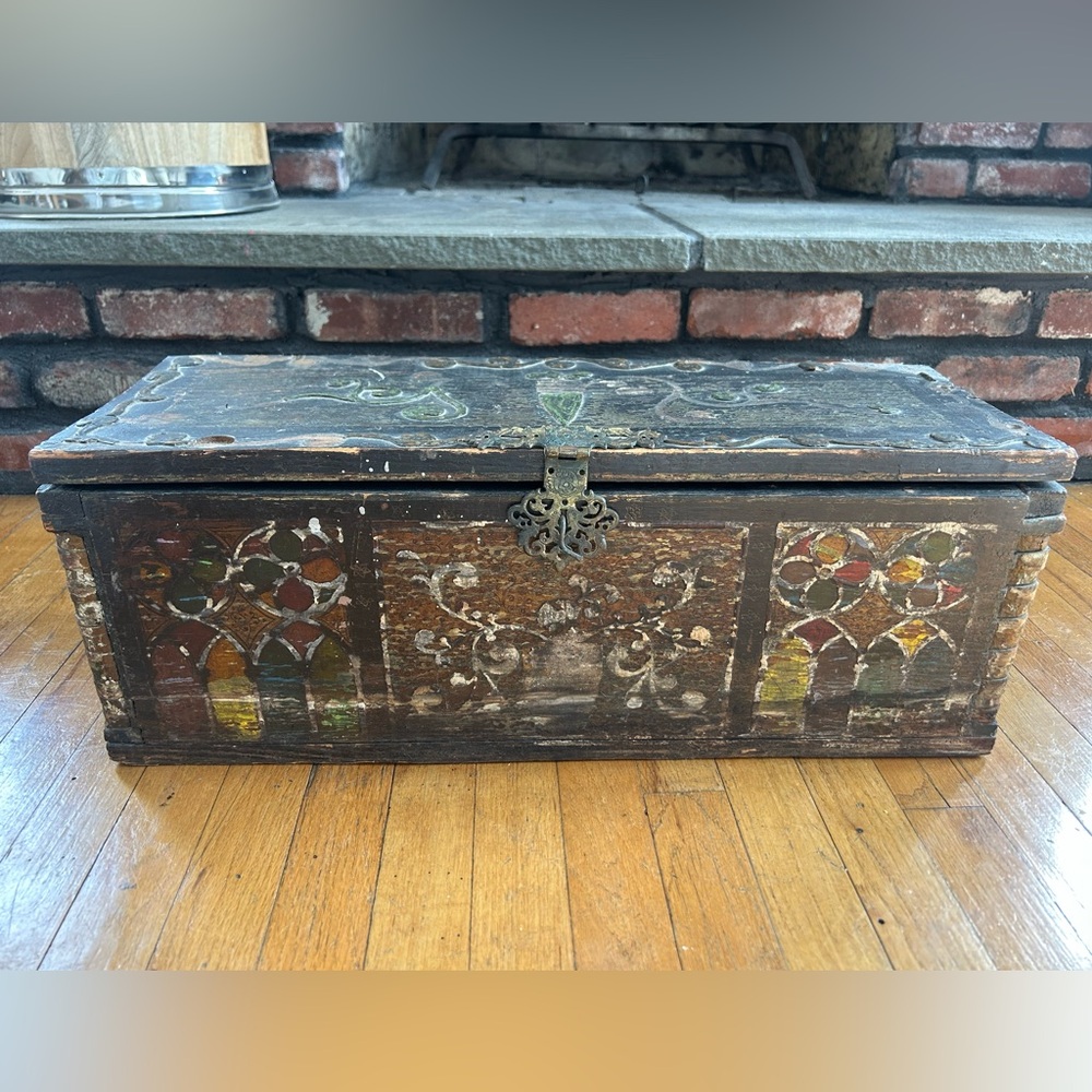 Antique Wooden Hand-Painted Chest Dowry, Marriage Box, Rustic